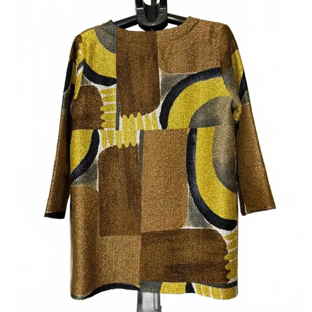 CHICOS CAMI & JACKET TWINSET 2 ABSTRACT BROWN & GOLD BLOUSE 3/4 SLEEVE 12 L NWOT - Picture 3 of 8